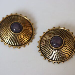 Vintage Signed Laurel Burch Domed Amethyst and Gold Colored Clip On Earrings
